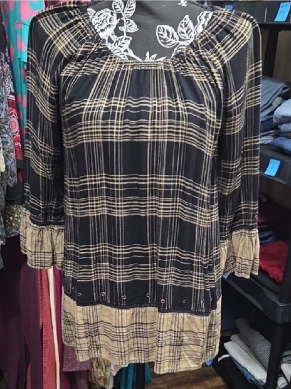 Multiples Black and Tan Plaid Long-Sleeve Peasant Dress